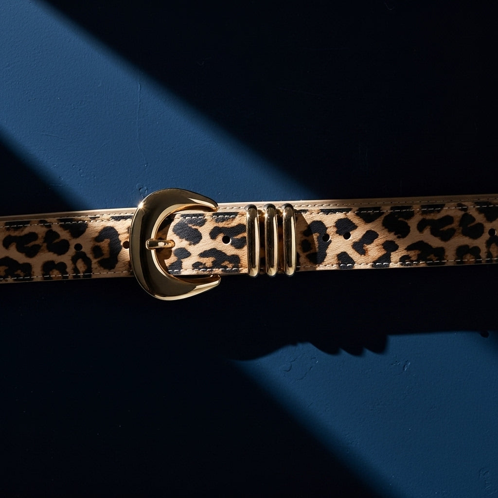 Ceinture Hermine en cuir pleine fleur avec un imprimé léopard discret et une boucle ardillon dorée en forme de C. #fullwidth