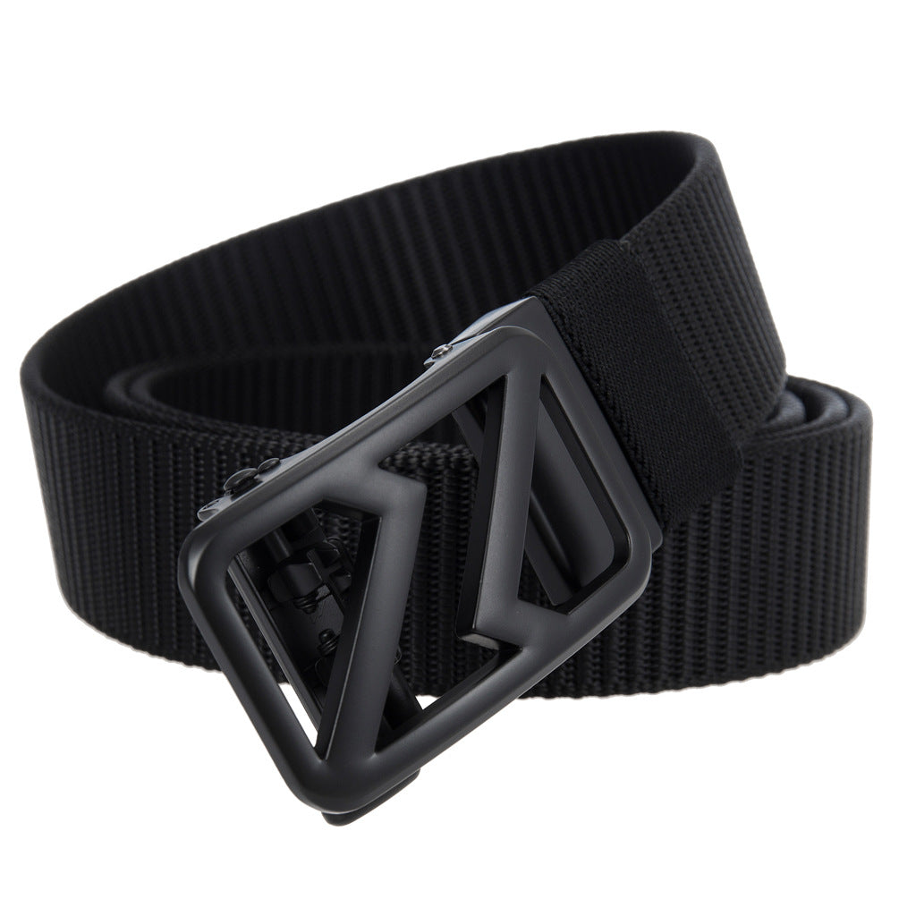Ceinture Hexalis noire pour homme avec boucle automatique en alliage au design géométrique. Tissu texturé et résistant.