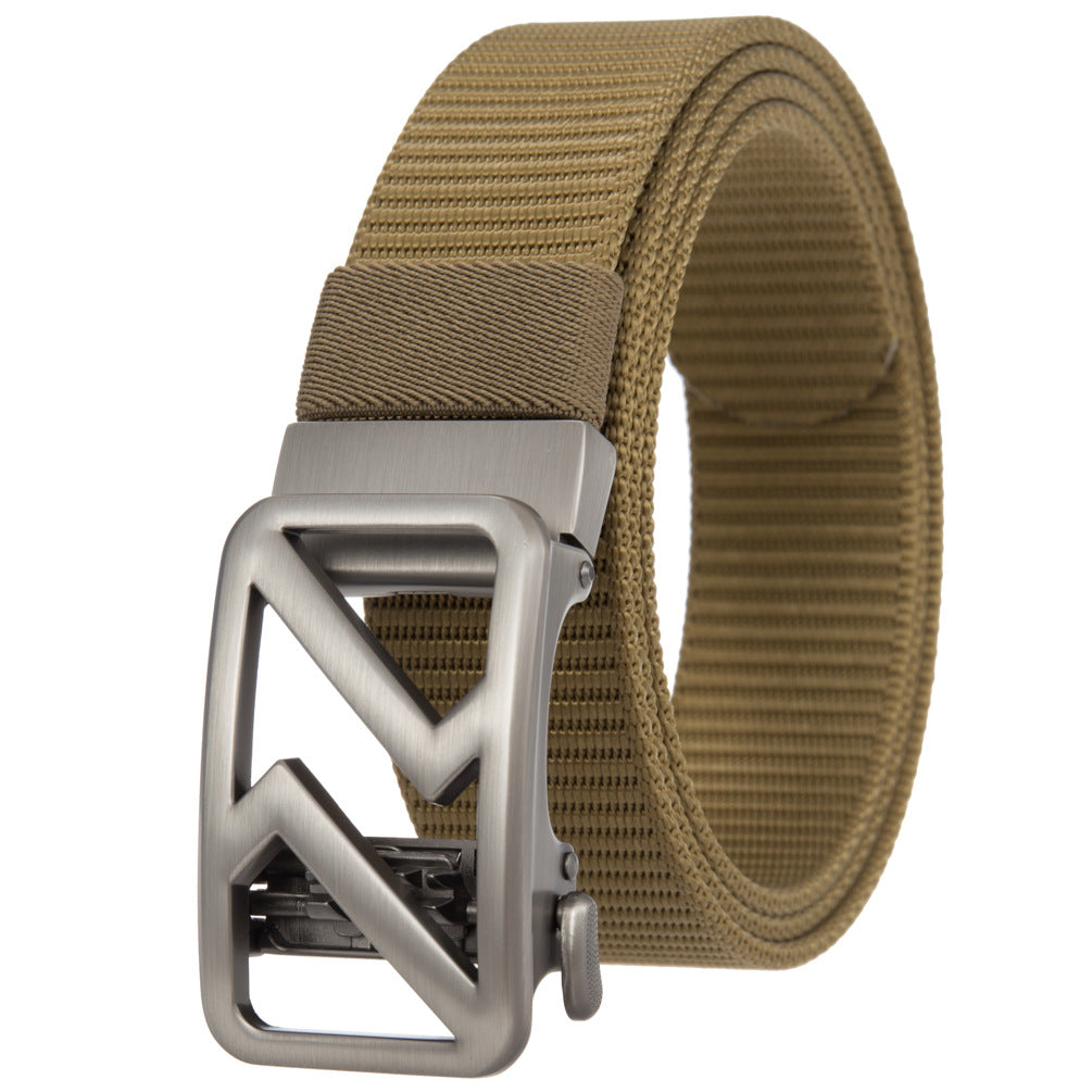 Ceinture Hexalis pour homme en tissu texturé couleur camel avec une boucle automatique en alliage argenté au design géométrique #fullwidth
