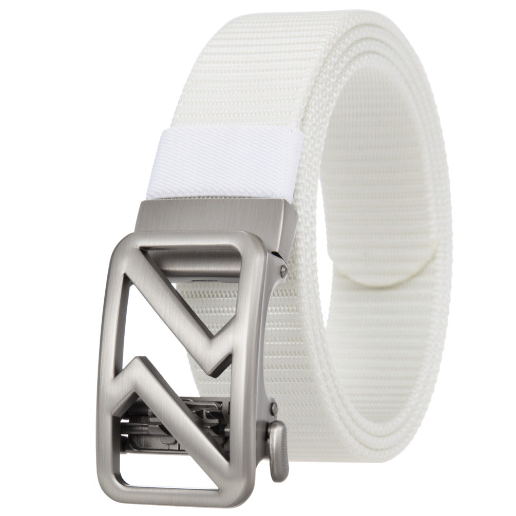 Ceinture pour homme Hexalis blanche avec boucle automatique en alliage argenté au design géométrique.