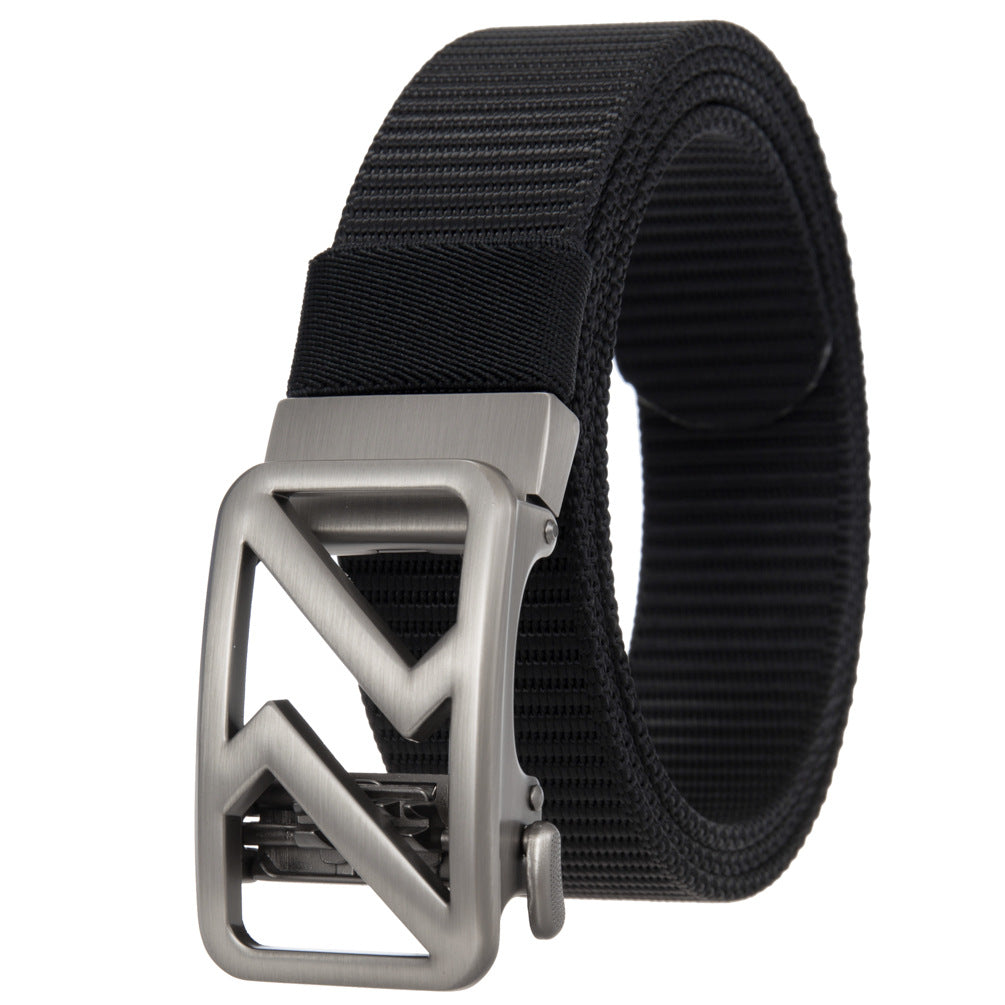 Ceinture pour homme Hexalis en tissu noir avec boucle automatique en alliage argenté au design géométrique.