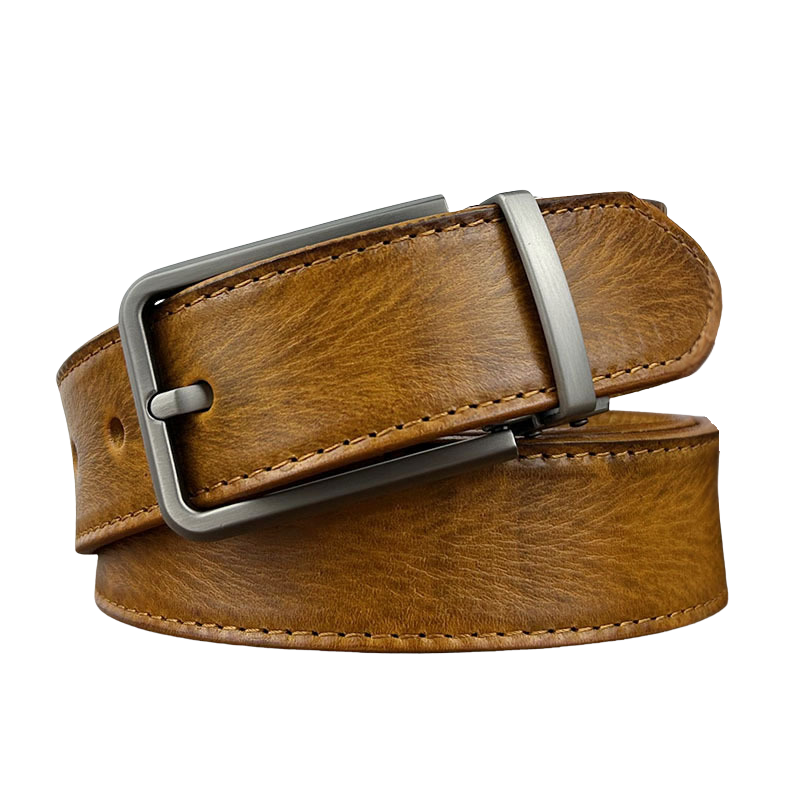 Ceinture Honoré Cuir couleur chameau avec boucle ardillon rectangulaire argentée et surpiqûres ton sur ton. Cuir de vachette pleine fleur vieilli et traité.