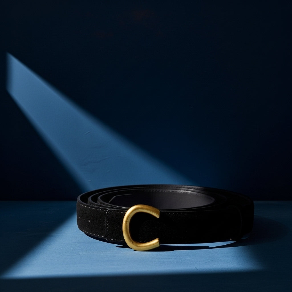 Ceinture Honorine pour femme en cuir suédé noir mat, avec une boucle dorée en forme de C sans ardillon. #fullwidth