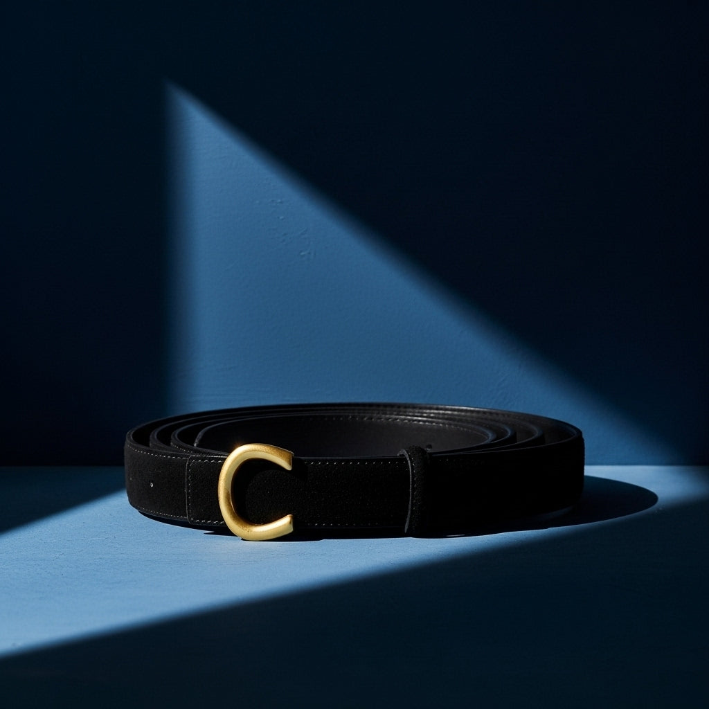 Ceinture Honorine pour femme en cuir suédé mat noir, avec boucle dorée en forme de C sans ardillon, sur fond bleu #fullwidth