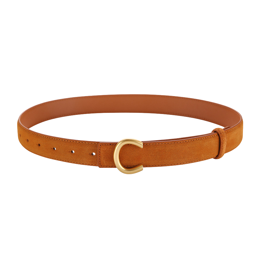 Ceinture Honorine en cuir suédé mat couleur camel avec boucle dorée en forme de C sans ardillon.