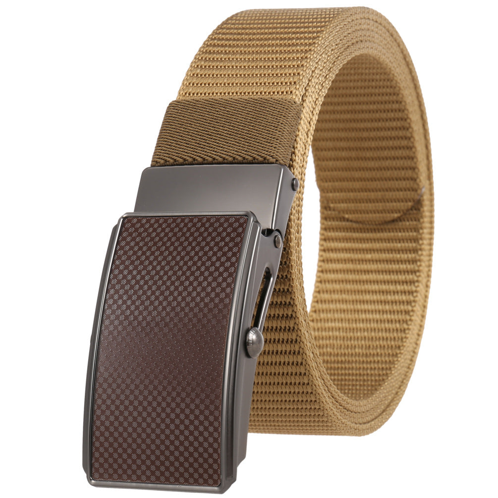 Ceinture Hugo homme en tissu texturé couleur camel avec boucle automatique rectangulaire en alliage gris et insert marron à motif quadrillé