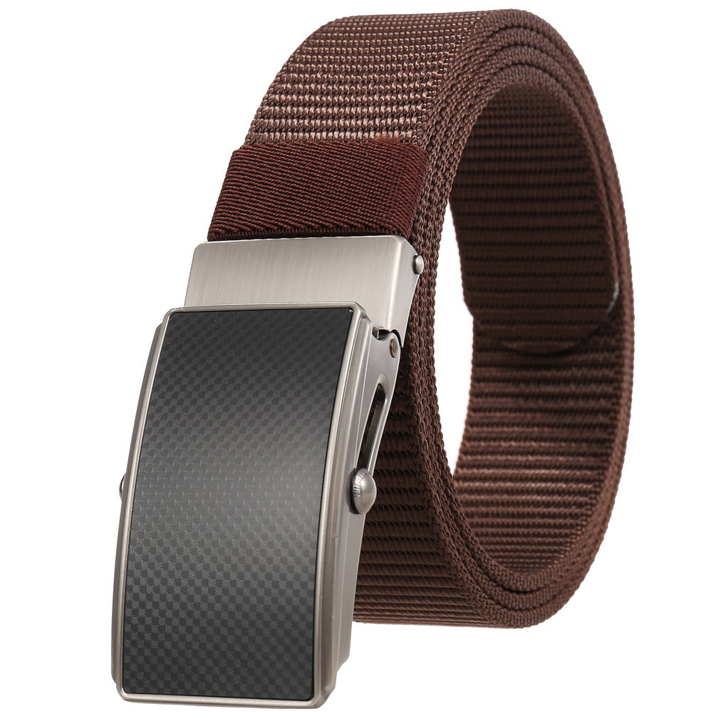 Ceinture Hugo pour homme en tissu texturé marron avec boucle rectangulaire automatique en alliage gris et insert noir à motif carbone