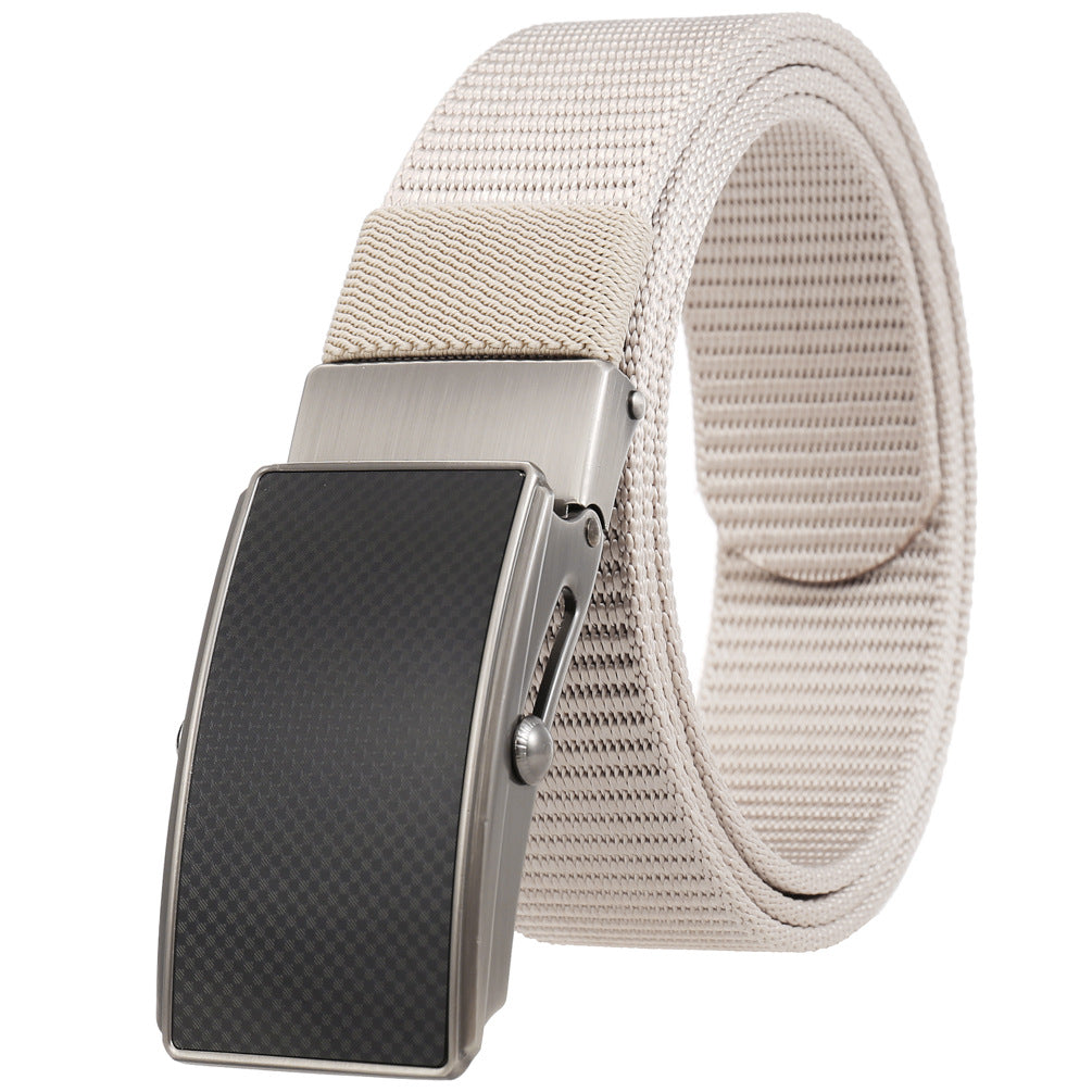 Ceinture Hugo homme avec boucle automatique en alliage gris et insert noir texturé, toile beige. #fullwidth
