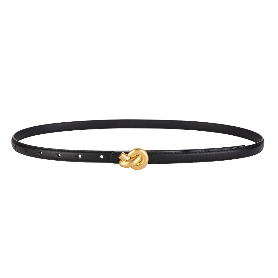 Ceinture fine noire pour femme Inès en cuir avec boucle nœud doré.