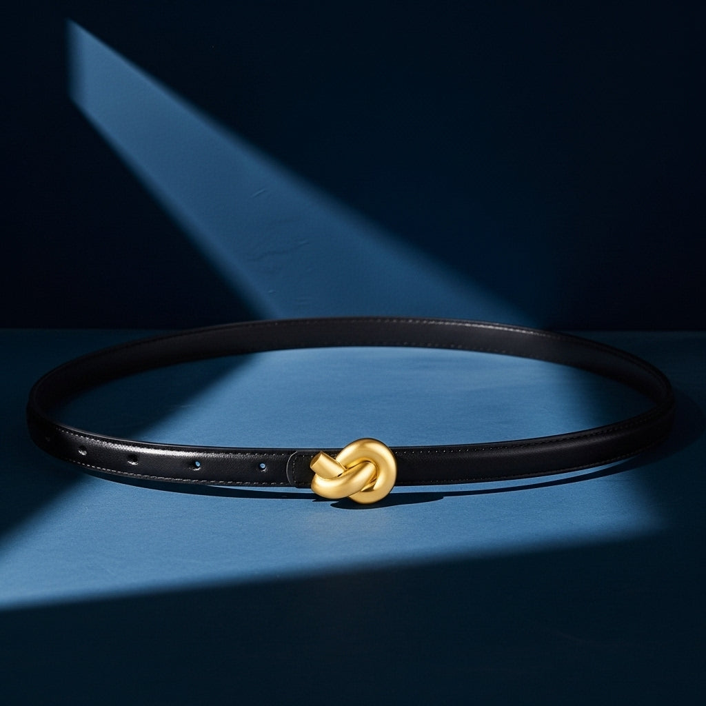 Ceinture fine en cuir noir pour femme, modèle Inès, avec boucle nœud décoratif doré. #fullwidth