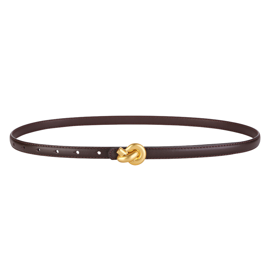 Ceinture fine en cuir marron foncé pour femme, modèle Inès, avec boucle dorée en forme de nœud décoratif.