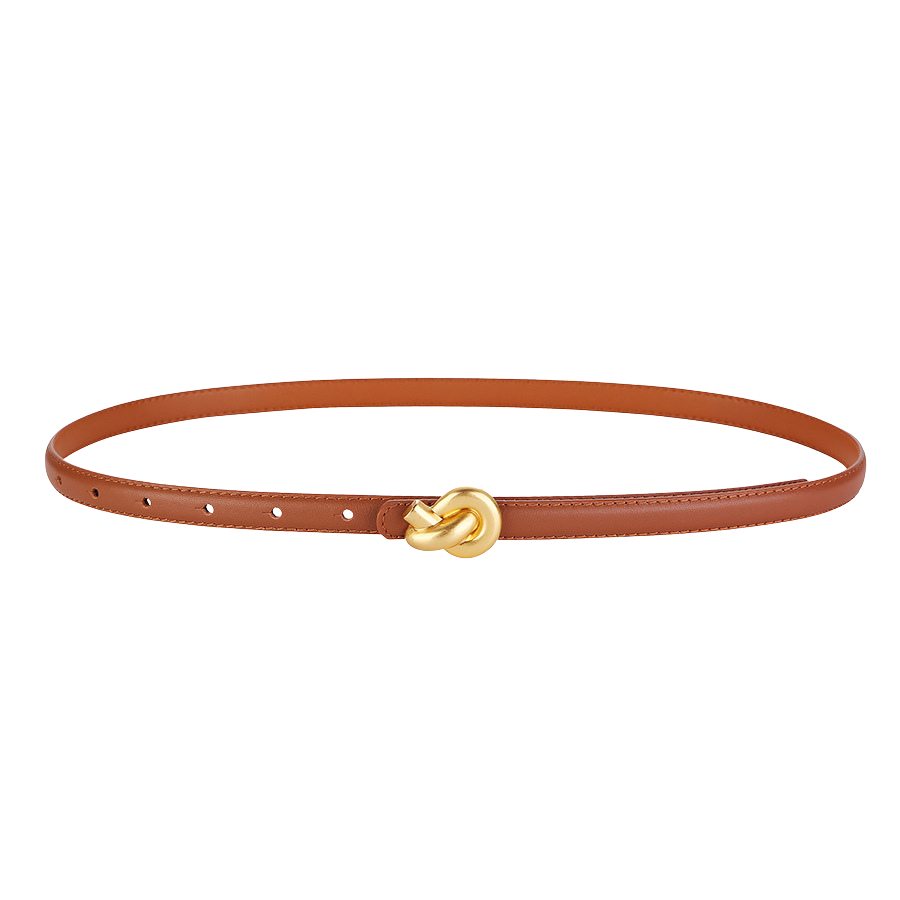 Ceinture fine en cuir camel pour femme, modèle Inès, avec boucle dorée en forme de nœud décoratif