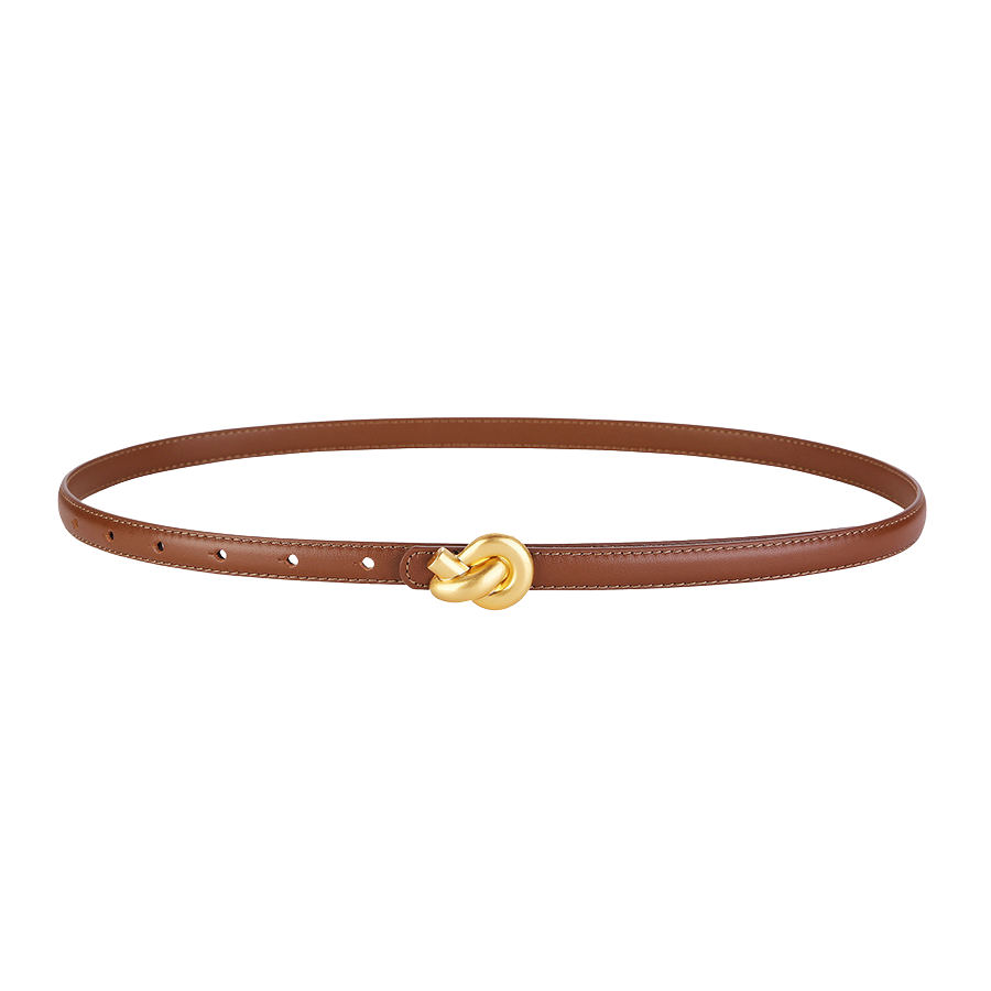 Ceinture fine en cuir marron pour femme, modèle Inès, avec boucle crochet clou dorée en forme de nœud décoratif asymétrique.