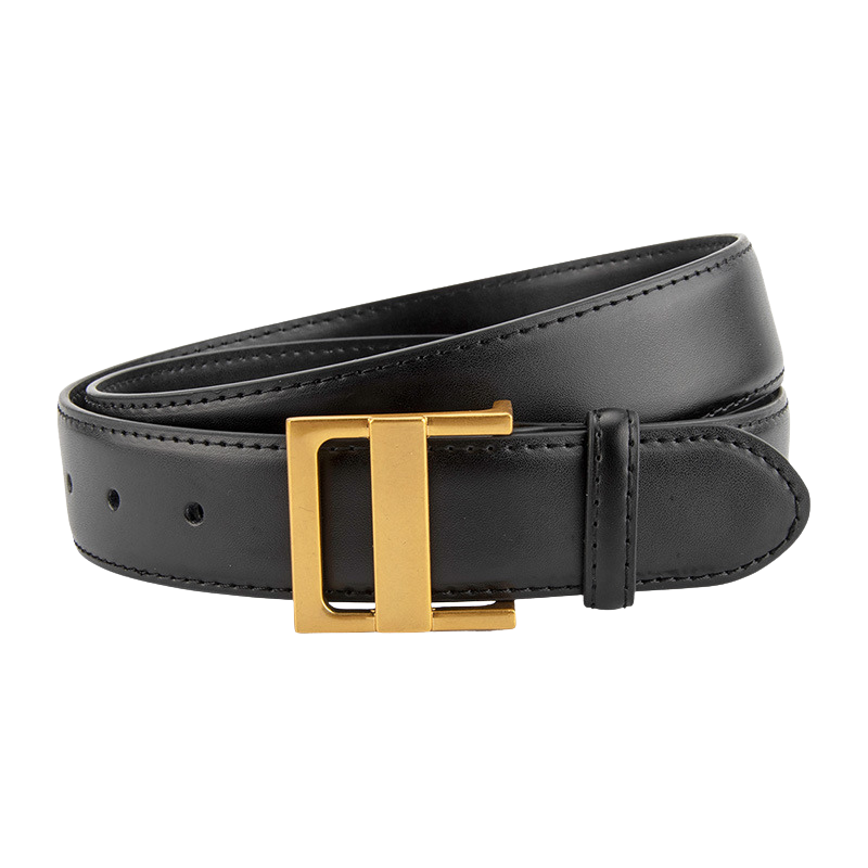 Ceinture femme Innocente noire en cuir refendu avec une boucle rectangulaire dorée. 3 cm de largeur.