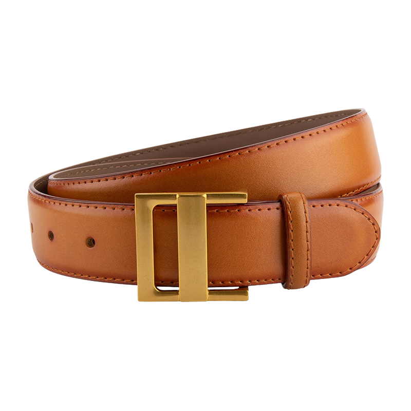 Ceinture femme Innocente en cuir refendu de vachette marron clair, avec une boucle rectangulaire dorée en alliage. Style élégant et classique.