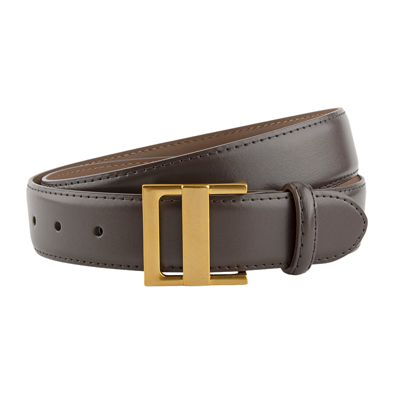 Ceinture femme Innocente en cuir refendu de vachette marron foncé avec boucle rectangulaire dorée en alliage.