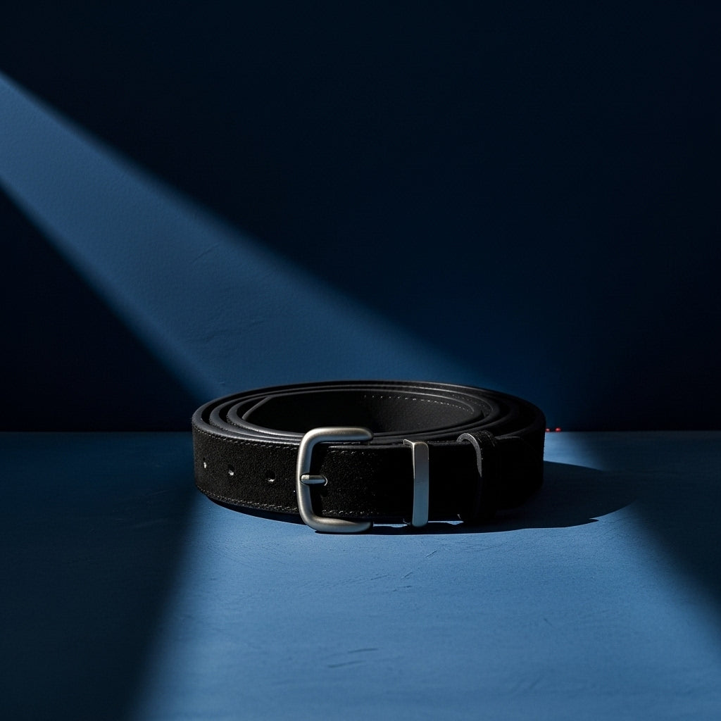 Ceinture femme Intrigue en cuir refendu noir aspect suédé velours avec boucle carrée argentée mate #fullwidth