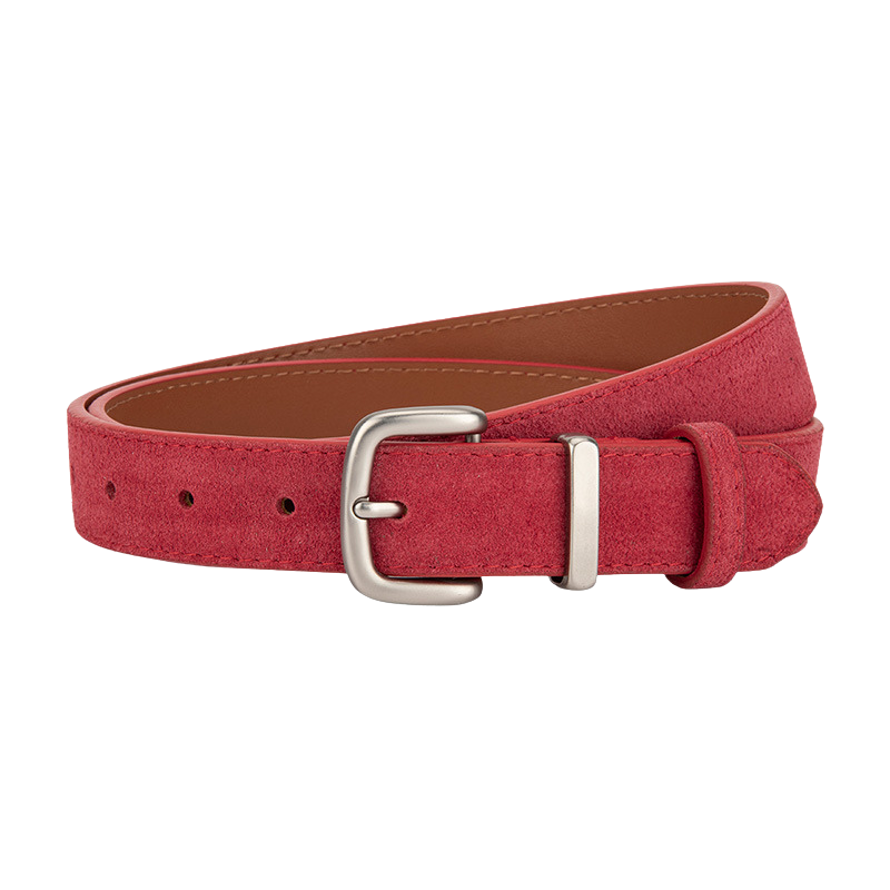 Ceinture femme Intrigue en cuir velours rouge avec boucle carrée argentée mate