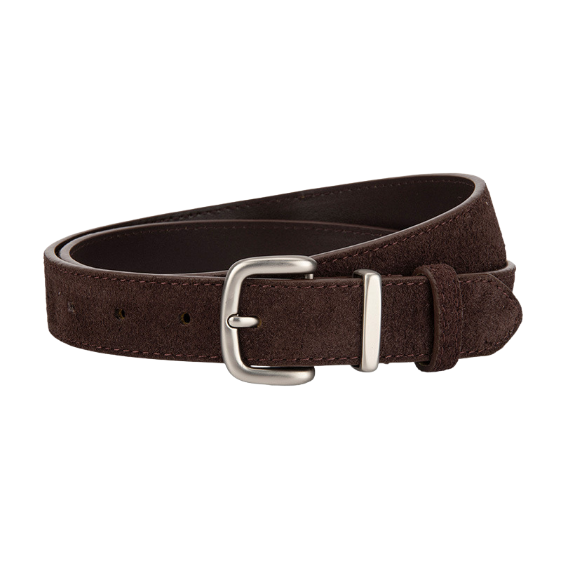 Ceinture femme Intrigue en cuir refendu marron aspect suédé avec boucle carrée argentée mate