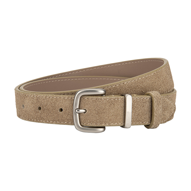Ceinture femme Intrigue en cuir beige aspect suédé, avec boucle ardillon argentée mate.