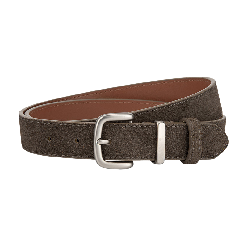 Ceinture femme Intrigue en cuir refendu gris aspect suédé avec boucle carrée argentée mate.