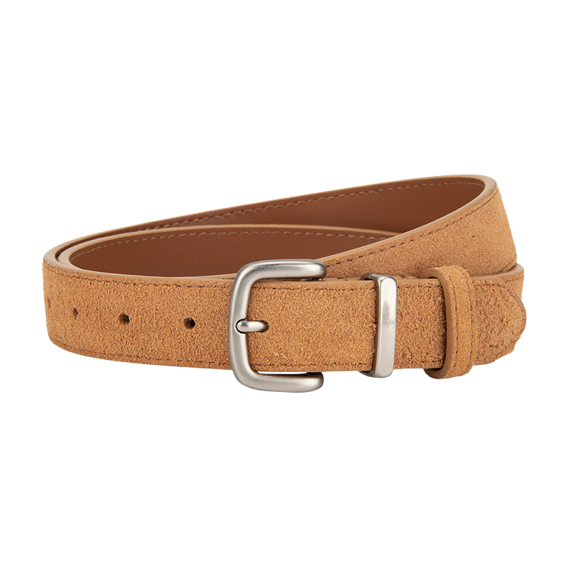 Ceinture femme Intrigue en cuir refendu marron clair aspect suédé, avec boucle carrée argentée mate.