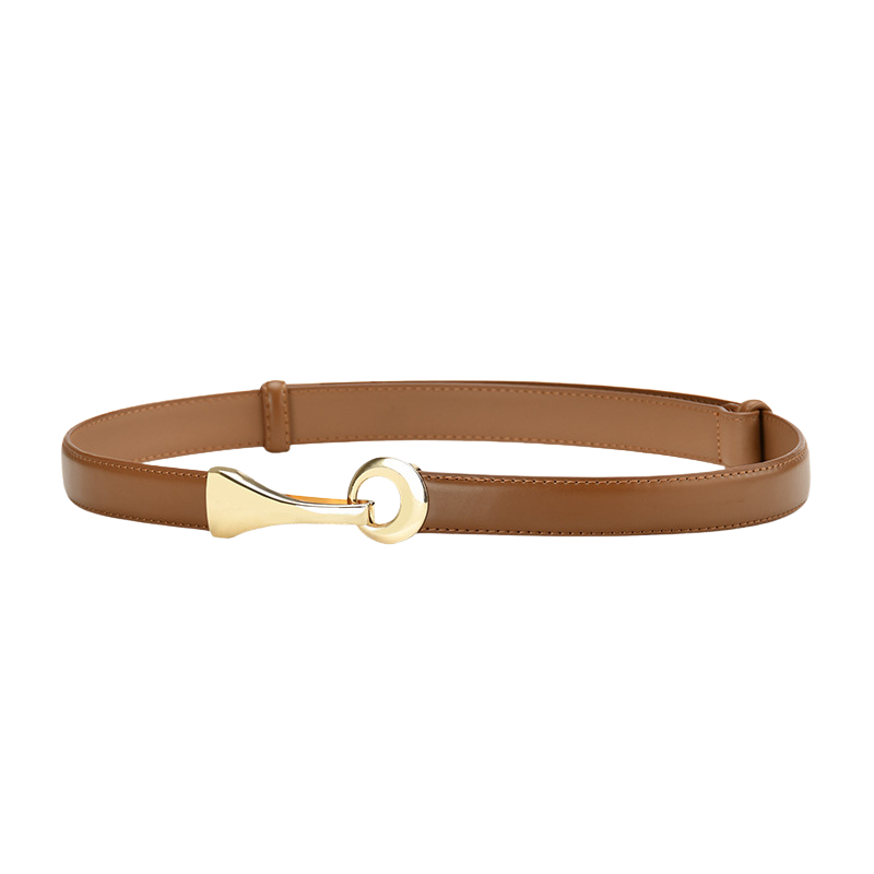 Ceinture fine Iris en cuir marron avec boucle dorée ovale et système coulissant, idéale pour femme.