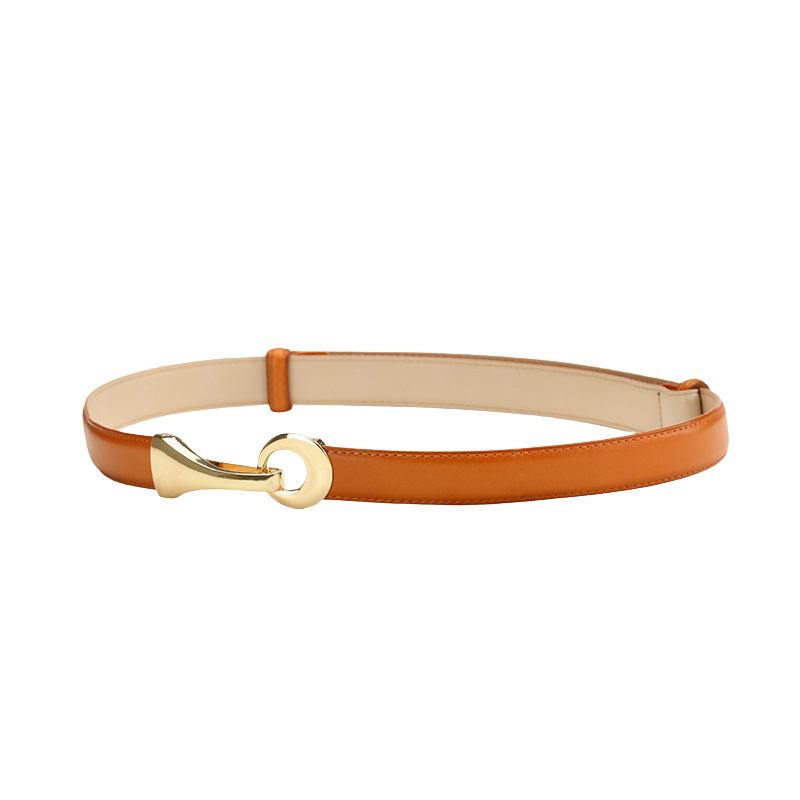 Ceinture femme Iris en cuir refendu de vachette couleur orange avec une boucle ovale en métal doré et un système de boucle coulissante.