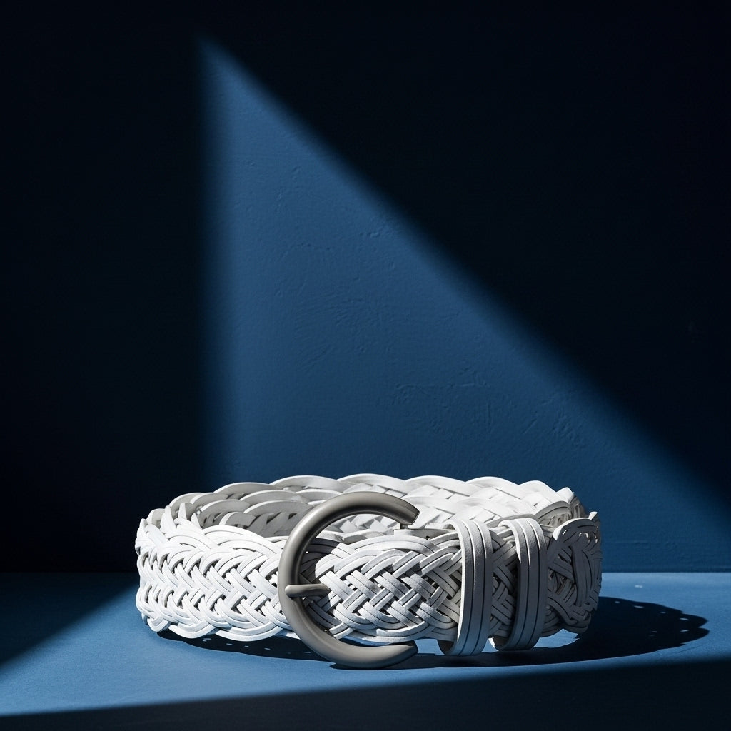 Ceinture femme Irisée blanche en simili cuir recyclé, tressée et ajourée, avec une boucle ardillon argentée. #fullwidth