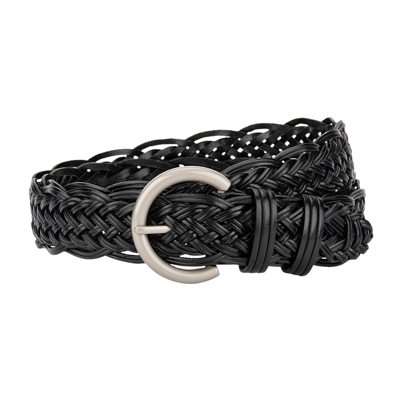 Ceinture femme Irisée noire en simili cuir tressé avec boucle argentée arrondie