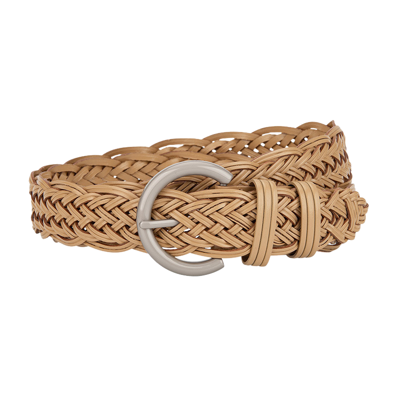 Ceinture femme Irisée beige en simili cuir recyclé tressé avec une boucle ardillon argentée arrondie.