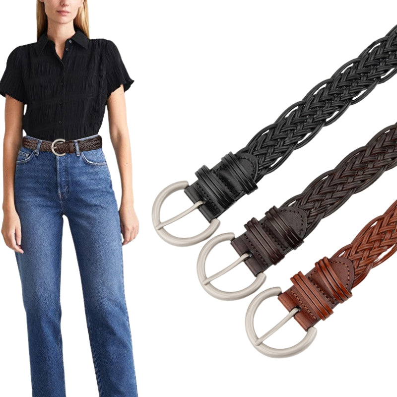 Ceinture femme Irisée tressée en simili cuir recyclé, boucle argentée, disponible en noir, marron foncé et marron clair.