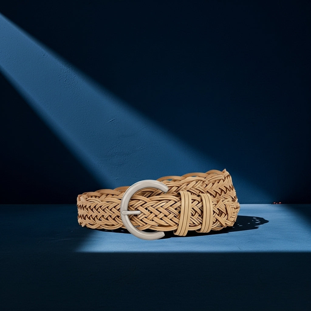 Ceinture femme Irisée en simili cuir recyclé tressé, couleur beige clair, avec une boucle ardillon argentée en demi-cercle. #fullwidth