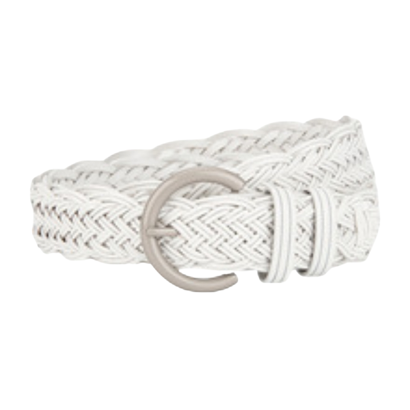 Ceinture femme Irisée blanche en simili cuir recyclé, tressée ajourée avec boucle ardillon demi-cercle en métal argenté.