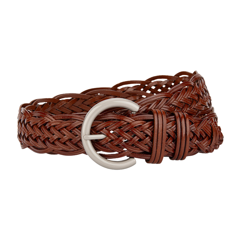 Ceinture femme Irisée en simili cuir recyclé tressé marron avec une boucle ardillon demi-cercle en métal argenté.