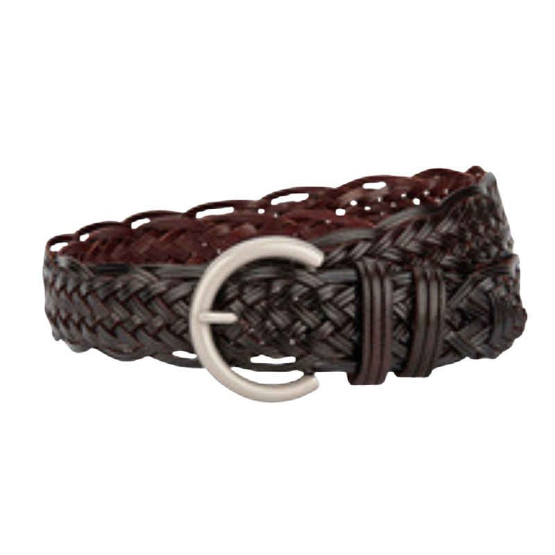 Ceinture femme Irisée tressée en simili cuir recyclé marron foncé avec boucle argentée demi-cercle.
