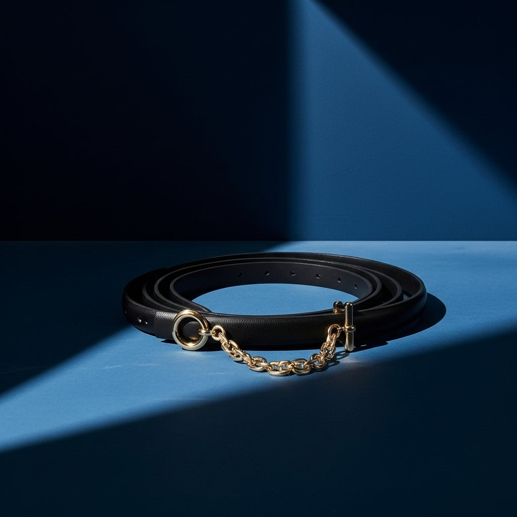 Ceinture fine en cuir noir Isaline 1 pour femme, avec une chaînette dorée décorative et une boucle ronde. #fullwidth