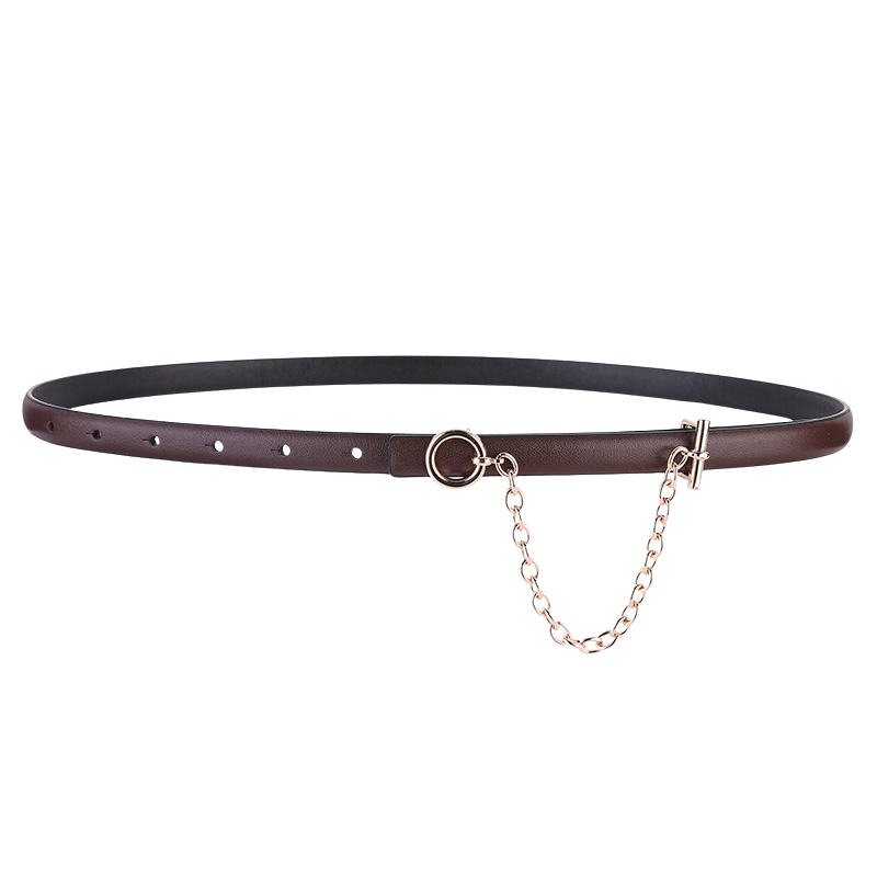 Ceinture fine en cuir marron pour femme, modèle Isaline 1, avec chaînette décorative dorée et fermeture plate type T-bar.