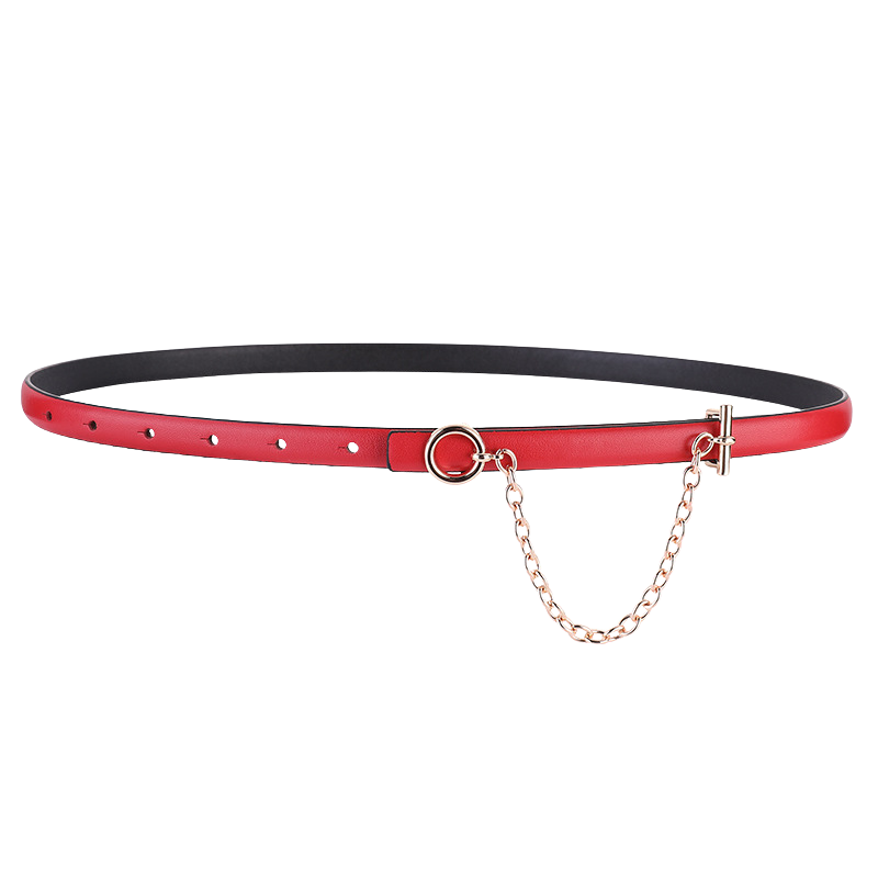 Ceinture fine rouge en cuir pour femme Isaline 1, avec chaîne décorative dorée et fermeture T-bar.