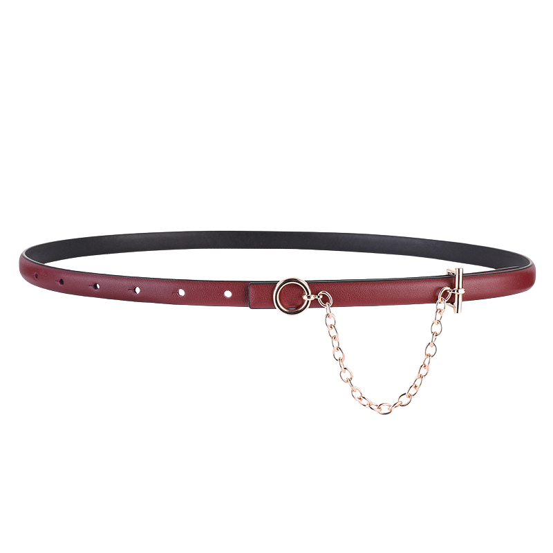 Ceinture fine en cuir bordeaux pour femme, modèle Isaline 1, avec chaînette décorative dorée et fermoir discret.