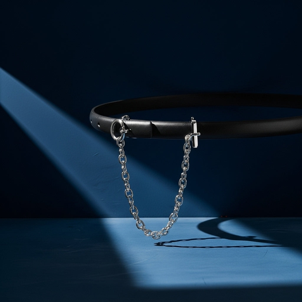 Ceinture fine noire Isaline 2 en cuir avec chaînette décorative et fermeture T-bar argentée. #fullwidth
