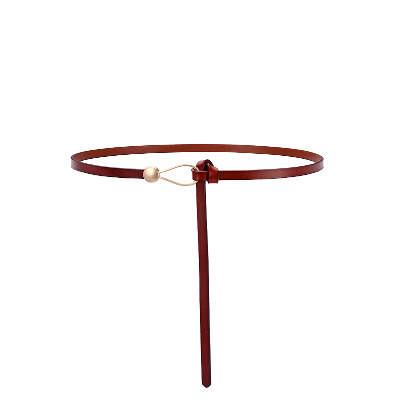 Ceinture fine Iseult en cuir bordeaux avec une boucle dorée en forme de goutte et un petit nœud, idéale pour ceinturer une robe ou une chemise.