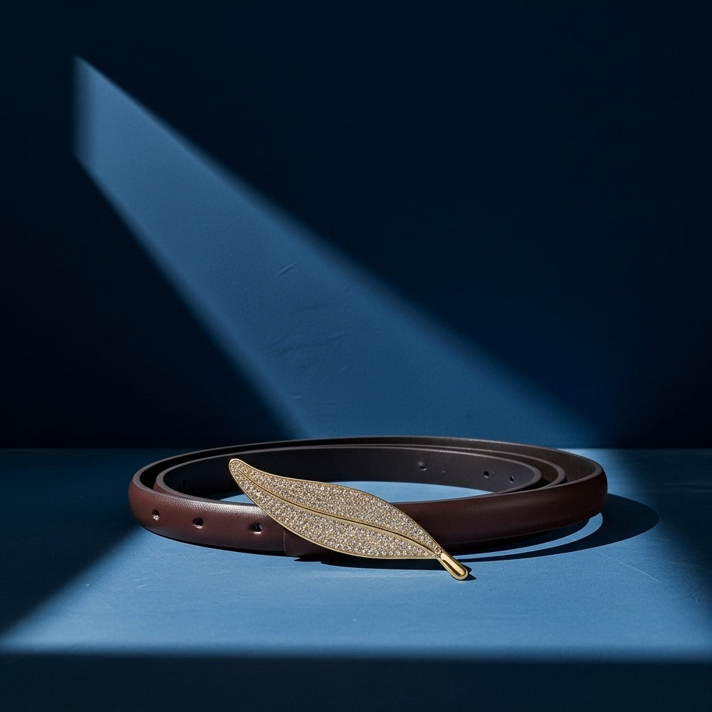 Ceinture fine en cuir marron pour femme, modèle Ivana, avec une boucle dorée en forme de feuille incrustée de strass. #fullwidth