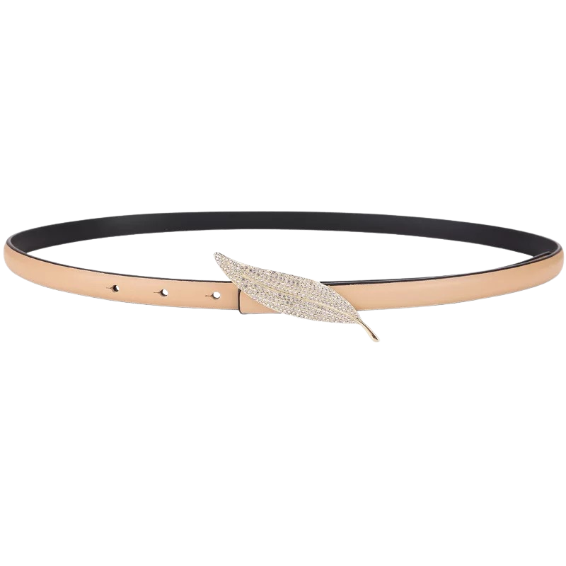 Ceinture fine pour femme Ivana en cuir beige avec une boucle en forme de feuille ornée de strass.