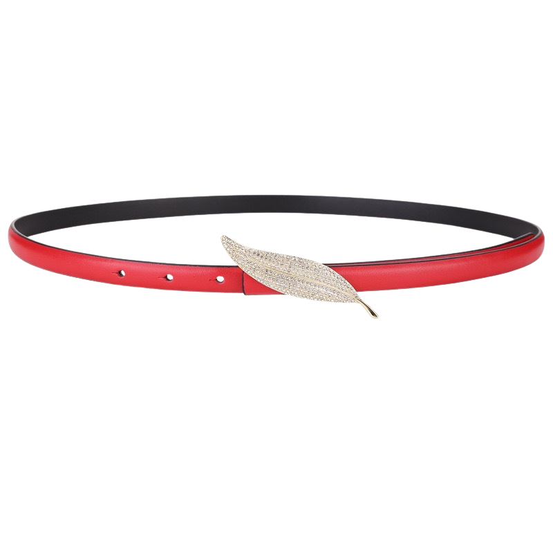 Ceinture fine pour femme Ivana en cuir rouge avec boucle feuille dorée incrustée de strass.