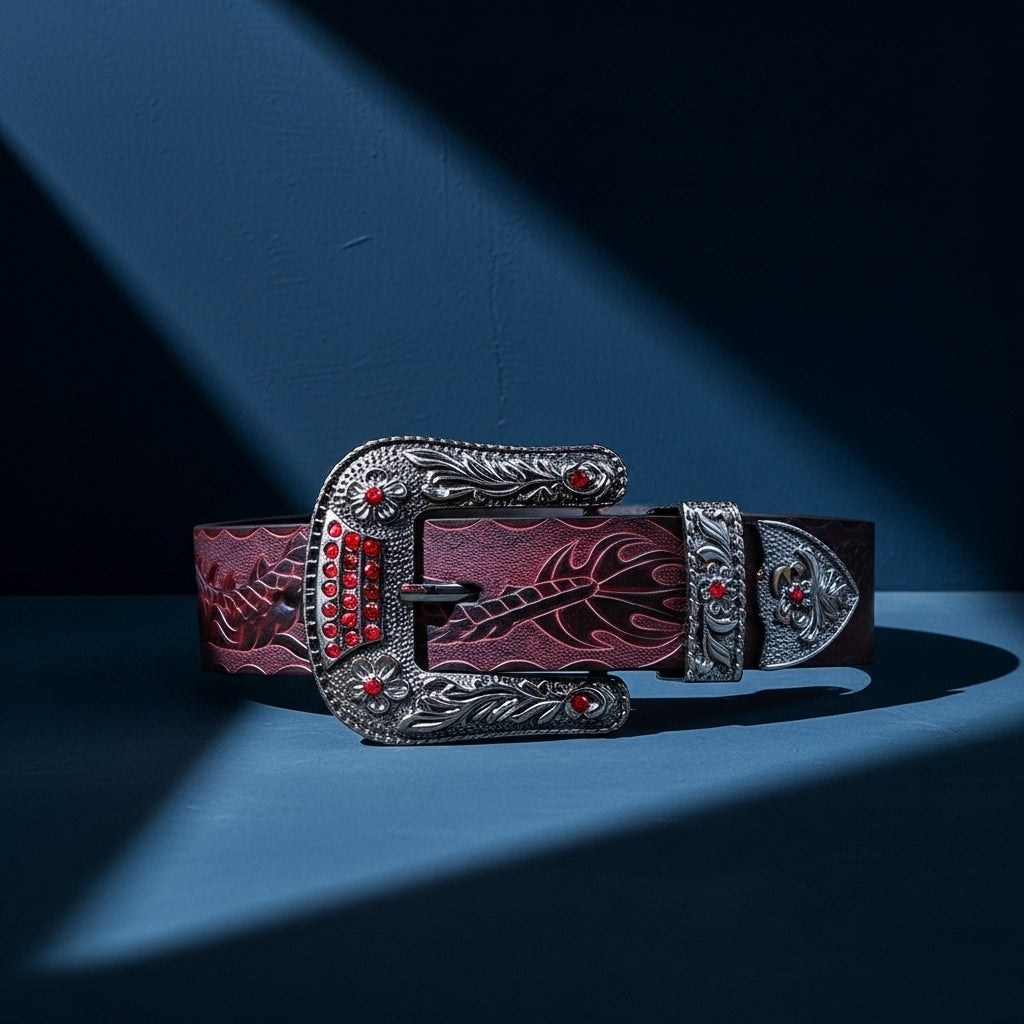 Ceinture Jeanne pour homme en cuir bordeaux avec motif gravé et boucle ardillon argentée ornée de strass rouges et de motifs dragons. #fullwidth