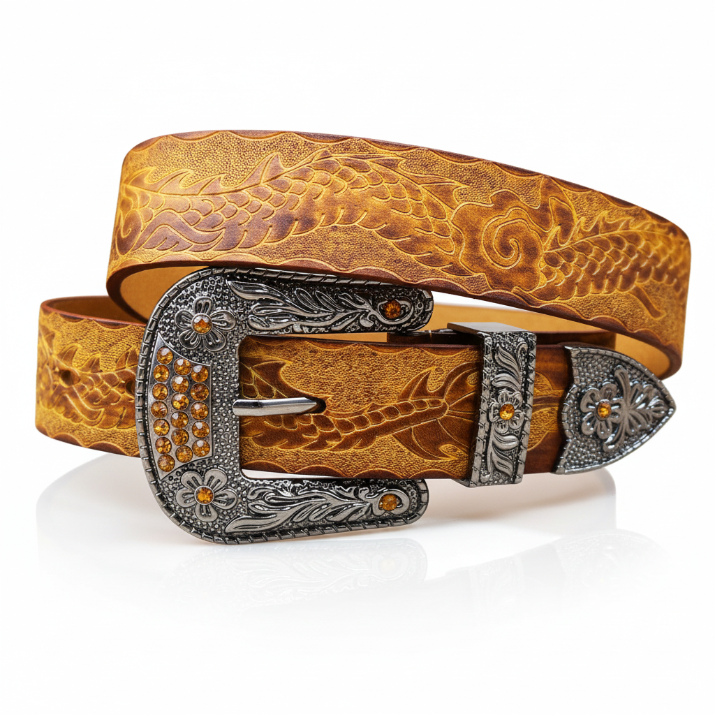Ceinture Jeanne pour homme en cuir jaune refendu, motif dragon gravé, boucle ardillon argentée ornée de strass et de motifs floraux et dragons. #fullwidth
