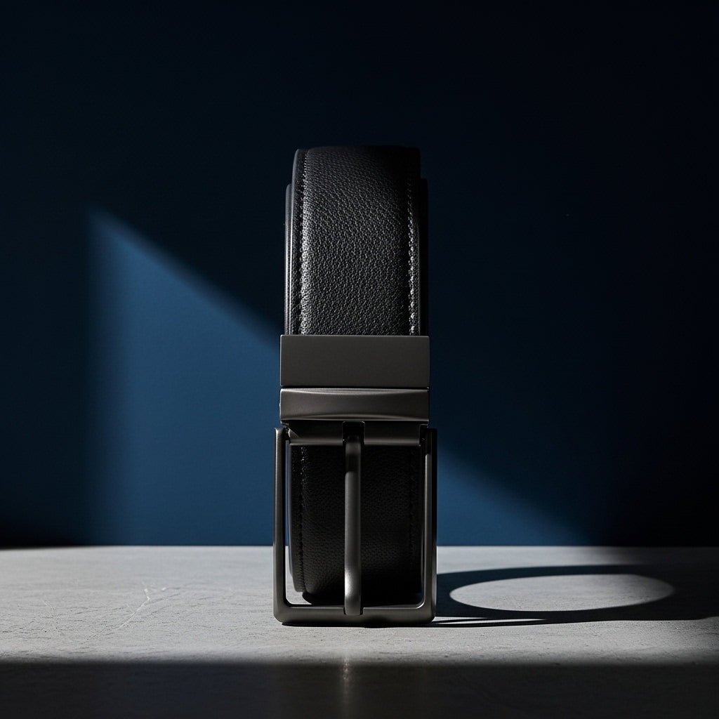 Ceinture homme Jérôme en cuir de vachette noir texturé, avec boucle ardillon rectangulaire en alliage gris canon. #fullwidth