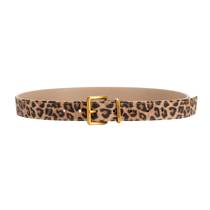 Ceinture fine Joie pour femme avec motif léopard discret et boucle ardillon rectangulaire dorée, cuir pleine fleur de vachette texturé.