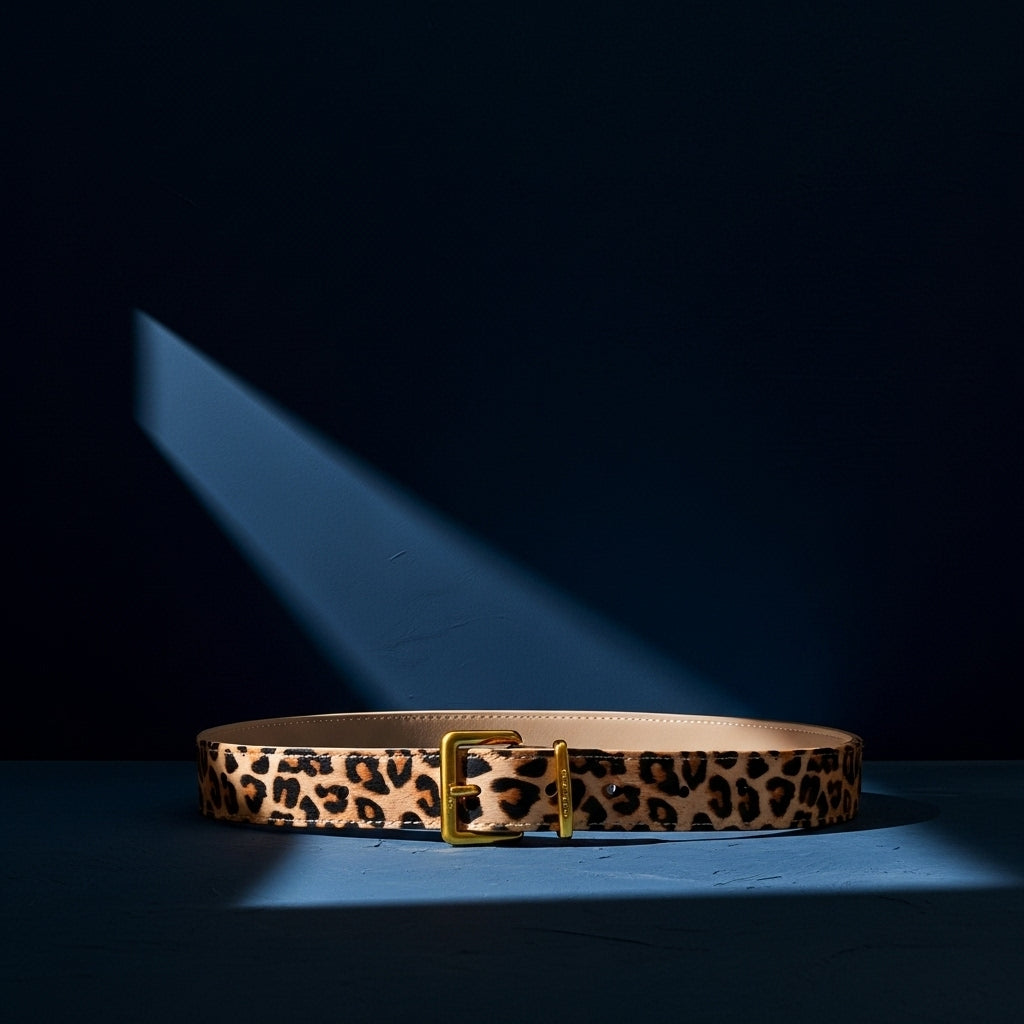 Ceinture Joie pour femme en cuir avec un motif léopard discret et une boucle ardillon rectangulaire dorée, sur fond bleu avec un rayon de lumière. #fullwidth